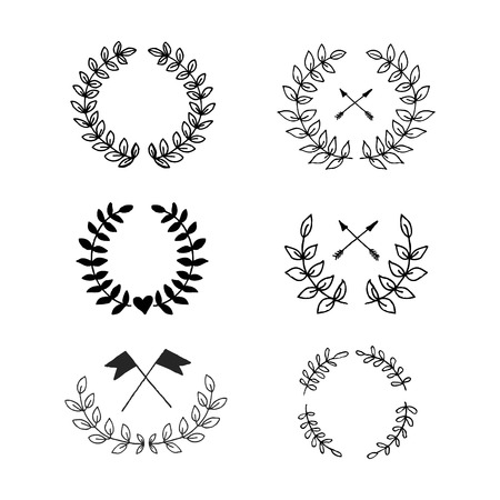 Swirls, laurels, frames, leaves, banners and curls. Laurels. Wedding templates set with floral ornate elements badges setのイラスト素材