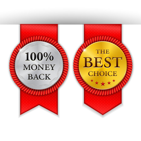 Set of round polished gold metal badges on white background. Best Seller. The Best Quality. Premium quality guaranteed. The Genuine Quality. Vector illustration.のイラスト素材