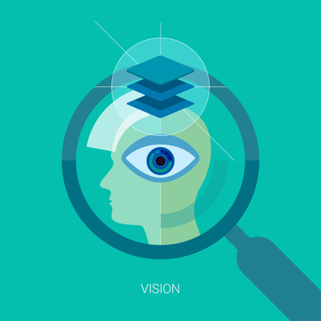 Vision flat design icon concept. Internet advertising business development, internet marketing research, consulting and graphic design. Web mobile services vector illustration. Human head and eye.のイラスト素材
