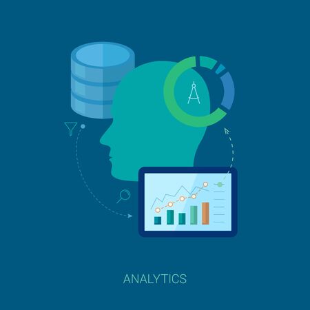 Flat design icons analytic. Internet advertising, business development, marketing research, consulting, big data and database concepts. Web & mobile services vector illustration. Human head.のイラスト素材