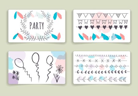 Collection of hand drawn party cards and invitations. Set of Trendy Posters with hand drawn Background. Modern design for Invitation. Hand Drawn Elements for Placards, Flyerのイラスト素材