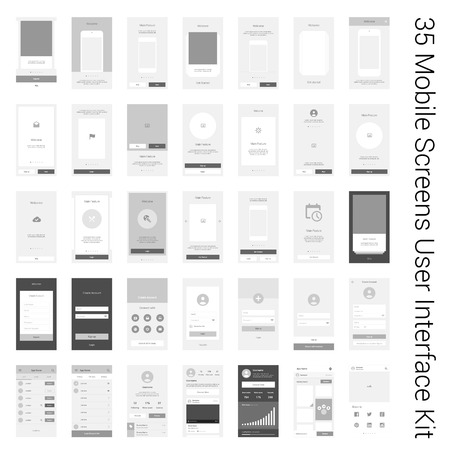 Mobile Screens User Interface Kit. Modern user interface UX, UI screen template for mobile smart phone or responsive web site. Welcome, onboarding, login, sign-up and home page layout.のイラスト素材