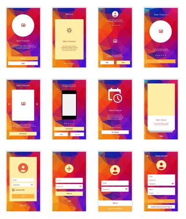 Modern flat user interface screen template for mobile smart phone or web site. Transparent blurred material design ui with icons.のイラスト素材