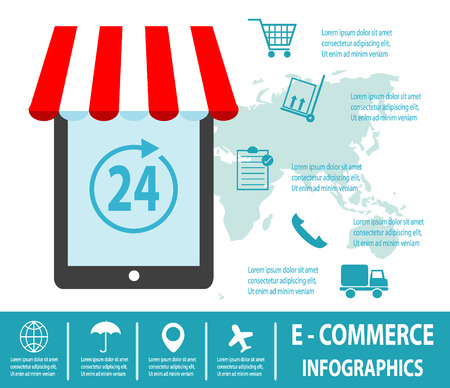 E-commerce infographics,  Business concept, Set icons, fast delivery service isolated on white and blue background Flat design vector illustration concept.のイラスト素材