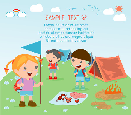 vector illustration of kids summer camp, Kids on a Camping Trip.のイラスト素材