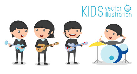 vector illustration of four kids in a music band, Children playing Musical Instruments,illustration of Kids playing different musical instruments,Vector Illustrationのイラスト素材