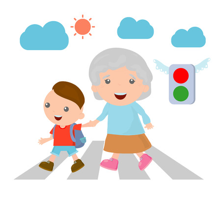 vector illustration of kid helping senior lady crossing the street, Boy helping old lady cross the street. Vector Illustrationのイラスト素材