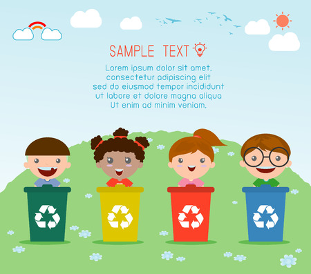Illustration of Kids Segregating Trash, recycling trash, Save the World , Vector Illustration.のイラスト素材