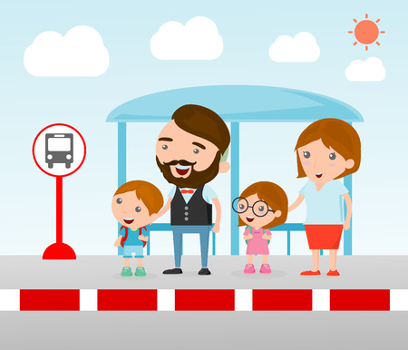 Illustration of the Family at the bus stop, A vector illustration of Family waiting at a bus stop, Waiting at Bus Stop.のイラスト素材
