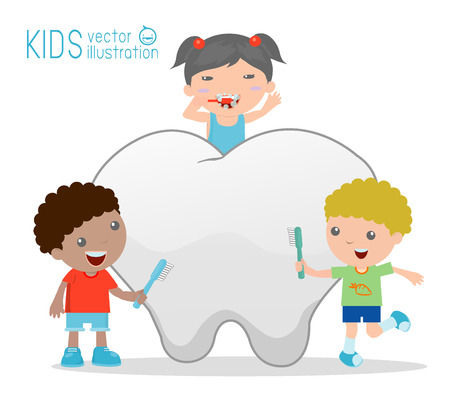 Illustration of a kids Using a Toothbrush to Clean a Giant Toothのイラスト素材