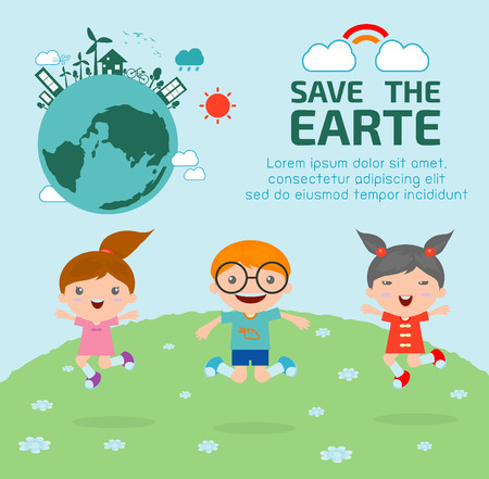 Kids for Saving Earth , Kids for Saving the world, kids save planet, ecology concept, cartoon characterのイラスト素材