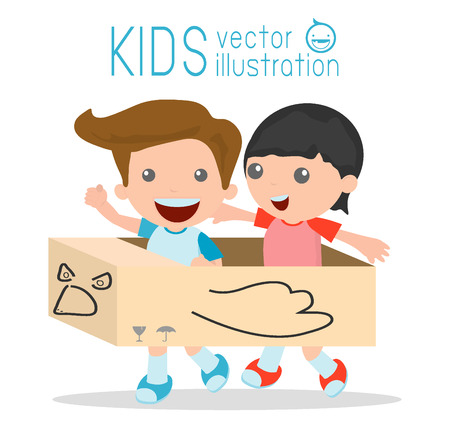 Little boy in a cardboard airplane, kids playing, happy childのイラスト素材