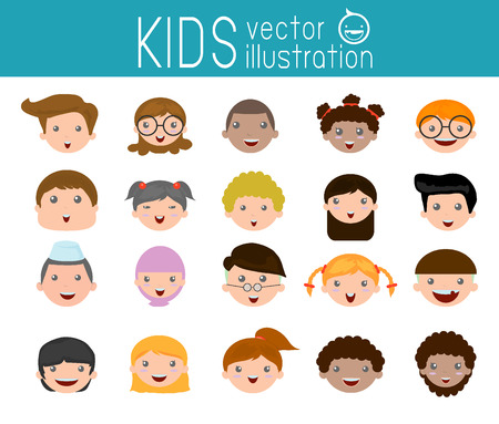 Set of cartoon children head, cartoon child face icon,kid face, kids and different nationalities のイラスト素材