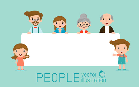 family peeking behind placard, happy family, fun family with a banner ad, Vector Illustration.のイラスト素材