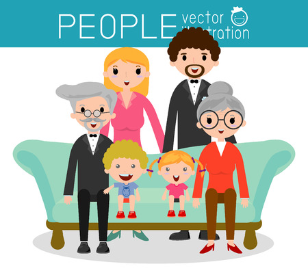 Family group portrait parents grandparents and children, Happy cartoon family,Vector Illustrationのイラスト素材