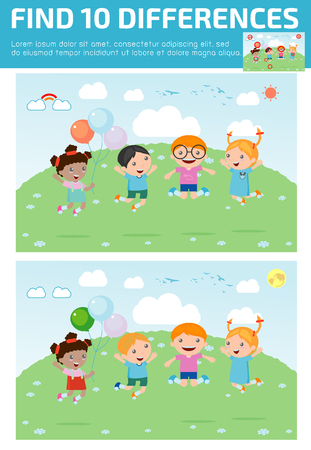 find differences,Game for kids ,find differences,Brain games, children game, Educational Game for Preschool Children, Vector Illustration, Kids jumping with joy , happy jumping kids.のイラスト素材