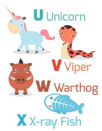 Cute alphabet with funny animals from U to X , Illustration of alphabet with animals U V W X ,unicorn,viper, warthog, x-ray fish, Funny cartoon animals on white background, Vector Illustration.のイラスト素材