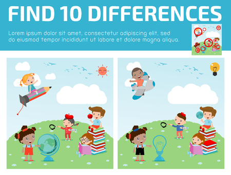 find differences,Game for kids ,find differences,Brain games, children game, Educational Game for Preschool Children, Vector Illustration, education concept, back to school template with kids.のイラスト素材