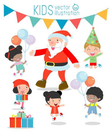 Santa With Kids, Children jumping with joy when met Santa Claus,Merry Christmas,Santa handing out gifts to children on white background, Vector Illustrationのイラスト素材