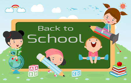 kids and blackboard, Children and board, kids education, education concept, back to school template with kids, Kids go to school, back to school, Cute cartoon children, happy children, Vectorのイラスト素材