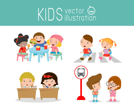 kids activity in the kindergarten and outdoor , Children having food at the kindergarten ,kids walking across zebra crossing, child waiting at bus stop, kids in classroom, education, back to school,のイラスト素材