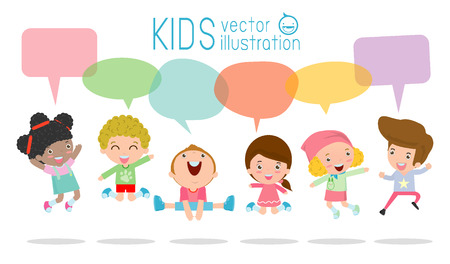 Cute kids with speech bubbles, stylish children jumping with speech bubble, children talking with speech balloon. jumping kids, Multi-ethnic children jumping, Kids jumping with joy,Illustrationのイラスト素材