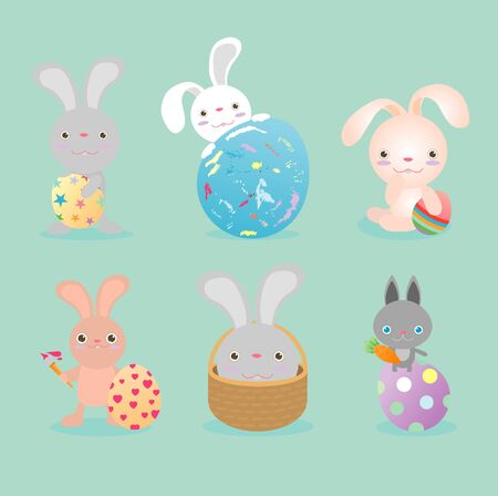 Set of cute Easter rabbits with Easter eggs, Happy Easter,  Happy Easter banners with easter eggs, bunny and Easter eggs,  Vector illustration.のイラスト素材