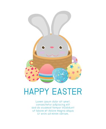 Happy Easter, Basket with rabbit and Easter eggs isolated on white background. Easter eggs. Happy Easter banners with easter eggs Vector illustration.のイラスト素材