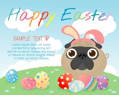 bunny pug with colorful easter eggs on grass, Happy Easter, Happy Easter banners with easter eggs, pug rabbit  and Easter eggs, Vector illustration.のイラスト素材