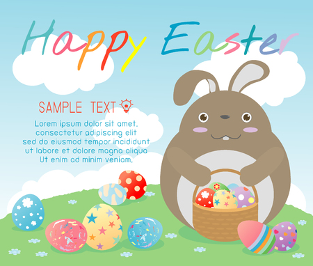 Happy Easter,cute Easter rabbits with Easter eggs, bunny with colorful easter eggs on grass, bunny and Easter eggs,rabbit and Easter eggs on background, Happy Easter greeting card,Vector illustration.のイラスト素材