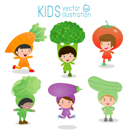 Set of cute kids wearing vegetables costumes isolated on white background, Little Cute children in costumes vegetable, children dressed like vegetables, cute child in costume,Vector Illustration.のイラスト素材