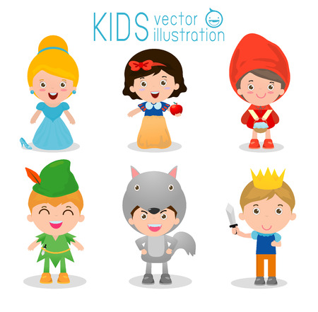 Set of cute kids wearing story costumes isolated on white background, Little children in their fairy tale Costumes,cartoon story people, cute child in costume ,child and fairytale story, Vectorのイラスト素材
