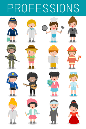 big set of cartoon vector characters of different professions isolated on white background, professions for kids, children profession, different people professions characters set, kids professionのイラスト素材