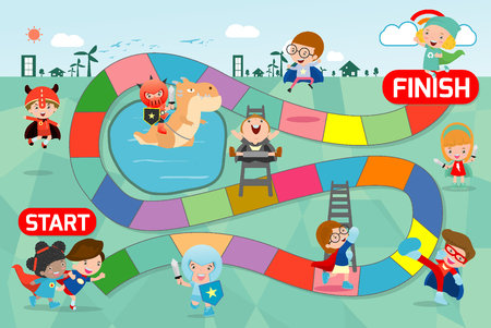 board game with Superhero Kids, Illustration of a board game with Superhero Kids background.のイラスト素材