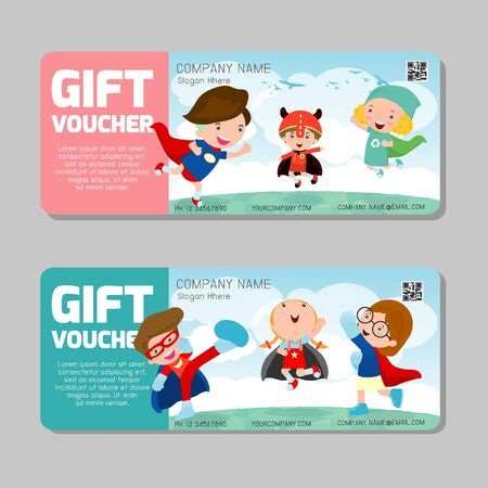 Gift voucher template and modern pattern. kids concept. Voucher template with premium pattern, gift Voucher template with colorful pattern. bright concept. voucher superhero kids Vector illustrationのイラスト素材