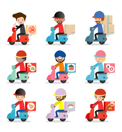 set of delivery service, delivery man is riding motor bike,Transport, man hipster is riding motorbike,modern design flat character people, graphic vector illustration, delivery business conceptのイラスト素材