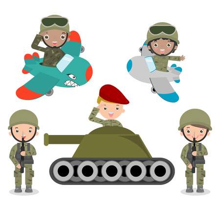set of soldiers, cartoon Soldier set, kids wearing soldiers costumes,  children Soldier,flat cartoon character design isolated on white background, US Army , soldiers Isolated illustrationのイラスト素材