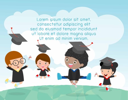 Graduation kids, happy child graduates, happy kids jumping, Graduates in gowns and with diploma, students graduation, illustrationのイラスト素材