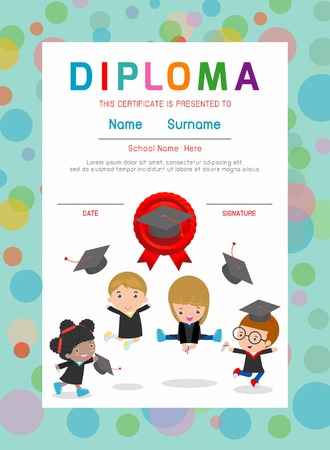 Certificates kindergarten and elementary, Preschool Kids Diploma certificate background design template, Diploma template for kindergarten students, Certificate of kids diploma, illustrationのイラスト素材