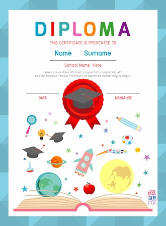 Certificates kindergarten and elementary, Preschool Kids Diploma certificate background design template, Diploma template for kindergarten students, Certificate of kids diploma, illustrationのイラスト素材