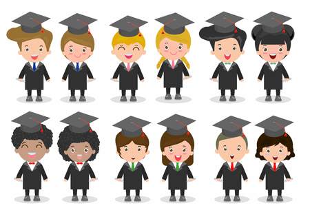 set of Graduation kids, happy child graduates, Graduation children,Graduates in gowns and with diploma, students graduating, university students graduation,people graduation, Different nationalitiesのイラスト素材