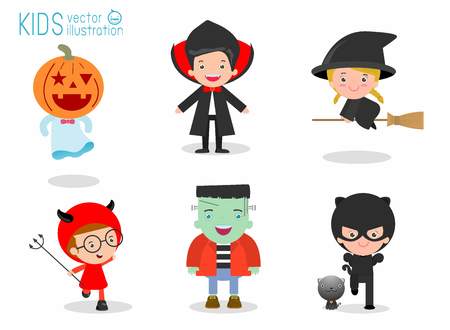 Cute kids wearing Halloween monster costume on white background, Happy Halloween,Halloween Party, child wearing Halloween monster costume, children Halloween, kids Halloween,vector illustrationのイラスト素材