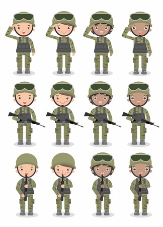 set of soldiers. men and women. flat cartoon character design isolated on white background. US Army Isolated illustration.のイラスト素材