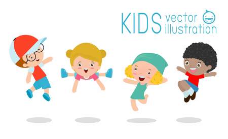 Kids jumping with joy, Multi-ethnic children jumping, happy cartoon child playing  on white background ,Vector illustrationのイラスト素材