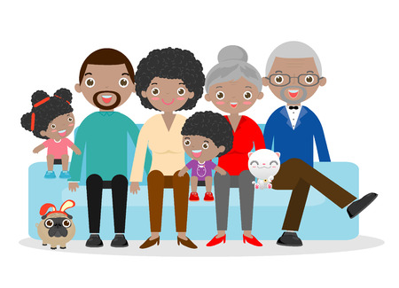 Big family sitting on the sofa on white background , Grandfather, grandmother,mother, father, girl, boy,children,kids, Happy christmas family Vector illustrationのイラスト素材