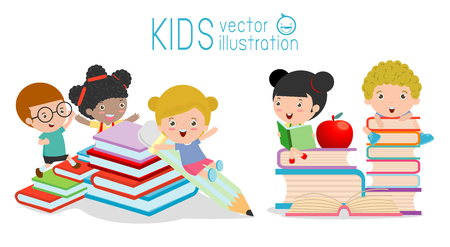 cute kids and books,cute children reading books, Happy Children while Reading Books, back to school, kids school, education concept Vector Illustration on white background.のイラスト素材