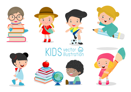 collection of school kids in education concept, back to school template with children, child go to school, back to school, Vector Illustration.のイラスト素材