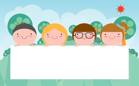 kids peeping behind placard, Cute little children on background,Vector Illustrationのイラスト素材