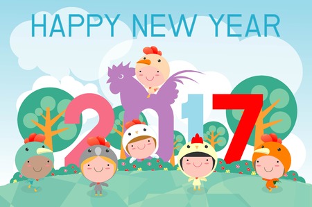 Happy New Year 2017 kids background, happy child with Happy new year 2017, rooster, Colorful Vector Illustrationのイラスト素材