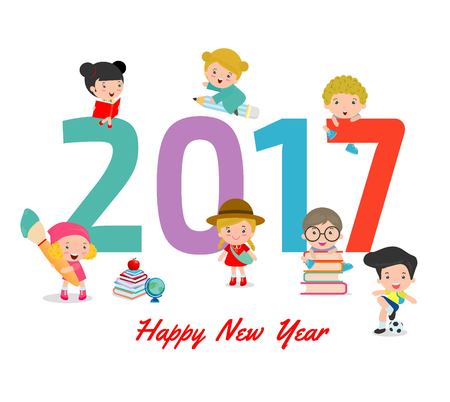 Happy New Year 2017 kids background, happy child with Happy new year 2017, Colorful Vector Illustrationのイラスト素材